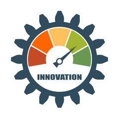 Engineering idea concept. Innovation level measuring. Invention and solution metaphor. Gears with meter scale.