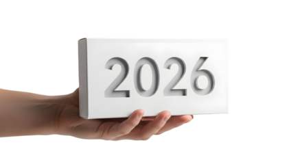 Minimalist hand holds engraved “2026” block — clean symbol for business, goals, and planning.