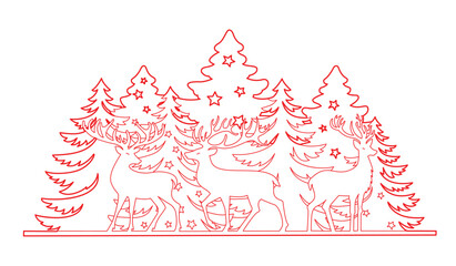 Winter wonderland line art deer family in the forest.