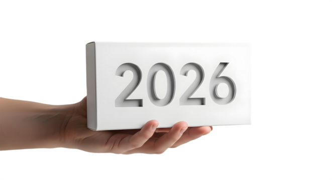 Minimalist hand holds engraved “2026” block — clean symbol for business, goals, and planning.