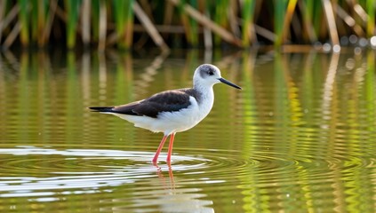 Fototapeta premium A blackwinged stilt himantopus himantopus wading in the shallow water of a pond, its reflection shimmering on the surface, surrounded by green reeds