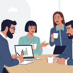 Business meeting with colleagues discussing data on a laptop.