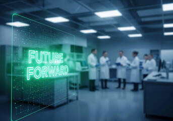 "FUTURE FORWARD" holographic display in a modern lab with scientists, symbolizing innovation, technology, and collaborative progress.