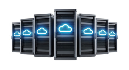 Server racks with cloud icons transparent background cutout png