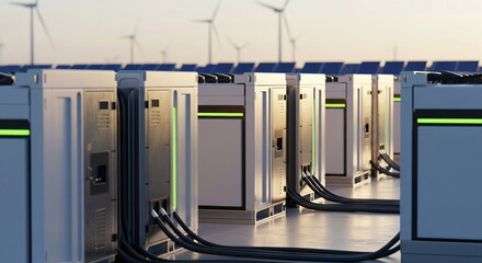 Rows of advanced battery energy storage systems powered by wind turbines and solar panels, representing sustainable energy solutions and a smart grid future.