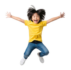 Joyful child jumping with arms outstretched transparent background cutout png