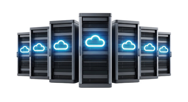 Server racks with cloud icons transparent background cutout png