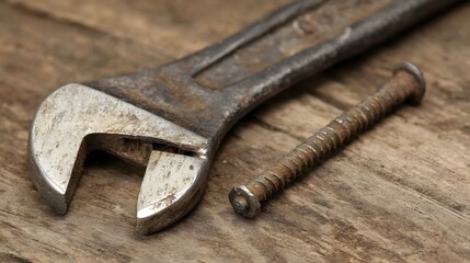 misuse. Wrench with a dented jaw resting beside a bent nail on a wooden surface under soft side lighting. safety posters.