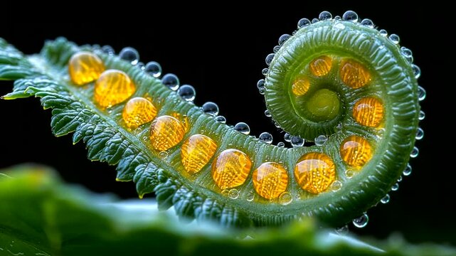 Close-up of a dew-covered fern leaf in nature