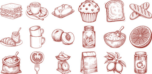 Hand drawn sketch style illustrations of various breakfast and bakery items, with fruits and drinks