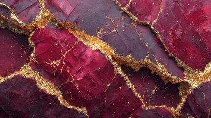 Deep crimson red marble with rich golden veins and cracks, hyperrealistic texture and luxurious sharp details, elegant and sophisticated design concept