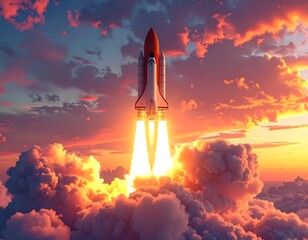 Dramatic view of a spacecraft ascending through vibrant, fiery clouds