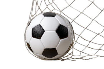 Soccer ball caught in net against black background close up goal sport, Png, Isolated on Transparent Background, Cut Out