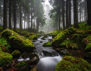 Fototapeta premium Flowing river through a moody, misty, moss-covered forest
