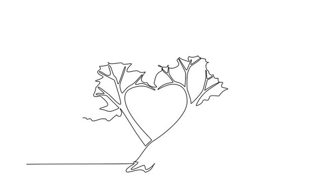 Animation of single continuous line drawing leafy tree with the middle of the branches forming love shape. A very shady tree that is cared for with all the heart. Tree Concept. Full length motion