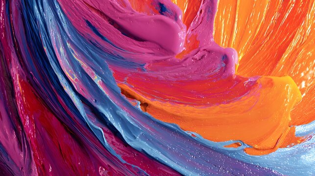 Vibrant, thick paint material displays dynamic swirling brushstrokes of contrasting colors.