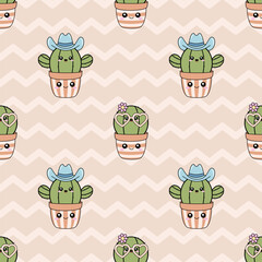 A seamless pattern featuring the cartoon cactus on a chevron background. This kawaii design is perfect for children's fabric, digital paper, or textile projects with a fun, cheerful, and western style