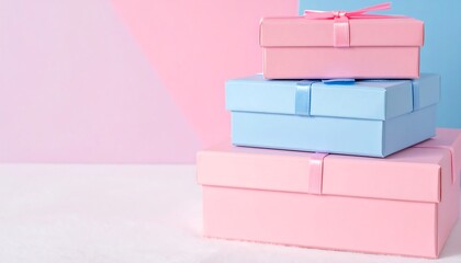 Gifts stack on pastel background. Presents in pink and blue colors, for marketing, design, web use. Minimalist, modern style. Celebrates birthdays, events, holidays.