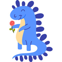 Cute blue dinosaur holding a pink rose with a smiling face and dark blue spikes on its back and tail against a transparent background