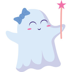 Cute Blue Ghost Character Wearing a Bow Holding a Pink Magic Wand with Transparent Background
