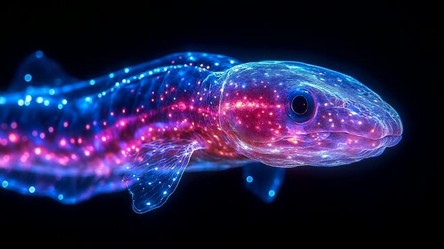 Colorful glowing fish swimming in dark water background