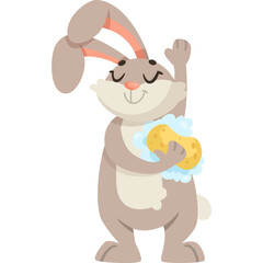 Cute Brown Bunny Character Washing Itself With A Yellow Sponge and Blue Bubbles With Eyes Closed and A Smile On A White Transparent Background