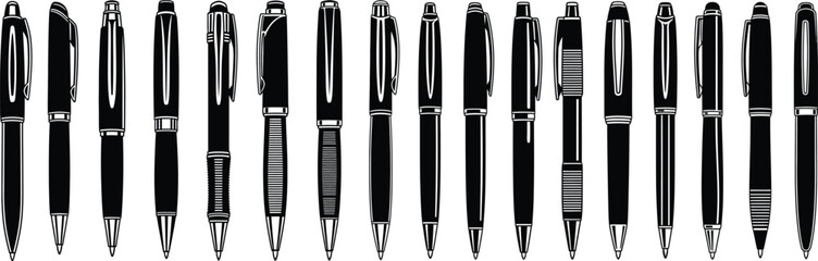 A series of distinct writing pens and ballpoint pens lined up, showcasing various designs for stationery