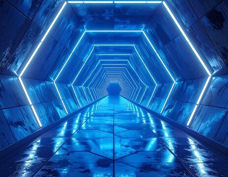 Futuristic, hexagonal tunnel with blue neon lights and reflections - Powered by Adobe