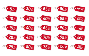 赤いセールタグ・割引アイコンセット（25種類・リアルデザイン）