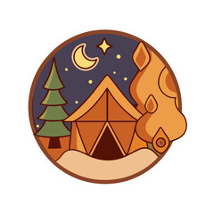 Camping scene with tent and trees under the night sky silhouette isolated on white background