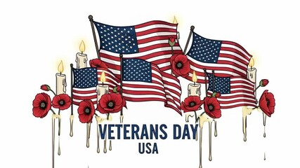 Remembering Veterans Day in USA with Animated Flags, Poppies, and Glowing Candles, a Patriotic Tribute to American Heroes, Ideal for Memorial Day Greetings and Honoring Service
