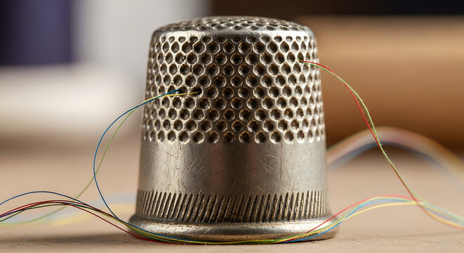 Sewing thimble with colorful threads close up view