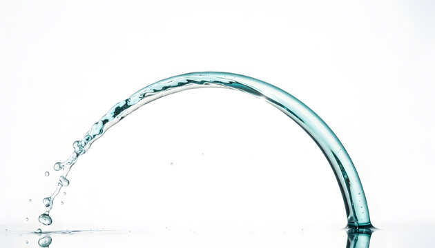 Arc of clear blue water splashing on a reflective surface