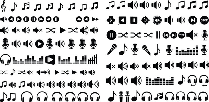 Collection of musical notes, audio playback controls, volume settings, and equalizer bar icons for multimedia applications