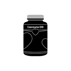 Black silhouette vector of Coenzyme Q10 supplement bottle with heart symbol, perfect for minimal healthcare branding or nutrition logo design.