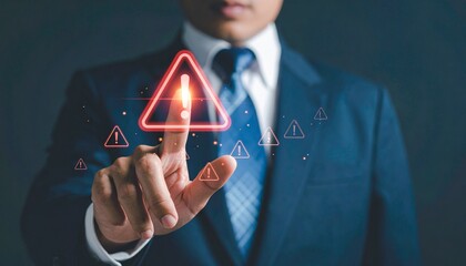Businessman's Finger Touches Glowing Red Exclamation Mark Warning Symbol on Digital Interface with Multiple Alert Icons