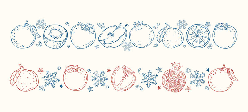 Hand-drawn vector borders with winter fruits such as mandarin, orange, pomegranate, persimmon, kiwi, and apple decorated with snowflakes, stars, and drops for Christmas food design