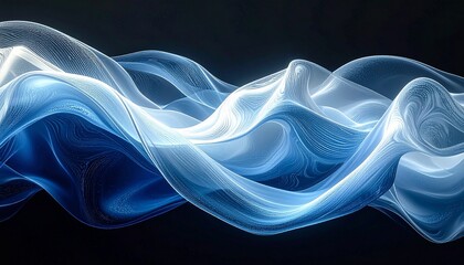 Dynamic Blue and White Abstract Fluid Waves with Subtle Textures and Dark Backdrop flowing