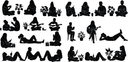 Obraz premium Diverse group of young men and women spending leisure time sitting or lying down while using phones, playing guitar, and enjoying potted plants at home
