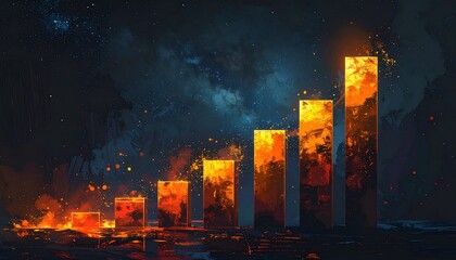 Fiery bar graph with rising orange and yellow bars against a dark, cosmic background with sparks chart