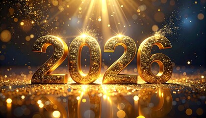 Glittering golden numbers 2026 illuminated by bright spotlights, creating a festive New Year celebration atmosphere