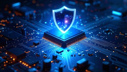 Glowing Shield Symbol Over Futuristic Circuit Board With Blue Lights And Orange Bokeh technology security