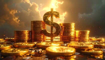 Golden Dollar Sign and Stacks of Gold Coins Illuminated by Dramatic Sunlight and Clouds Keywords: gold, coins, dollar sign, money, wealth, finance, currency, investment, banking, economy, rich