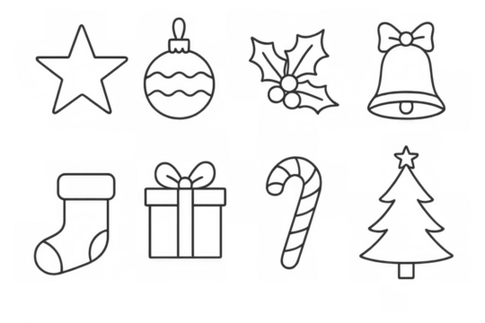 Christmas holiday outline icons set, featuring tree, star, bell, gift, stocking, candy cane, bauble, and holly