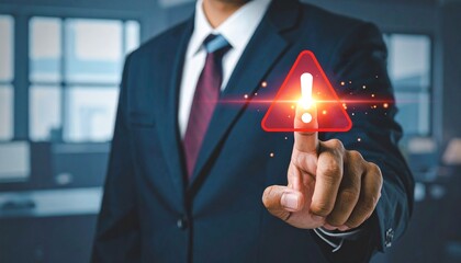 Man in Suit and Tie Points to Bright Red Exclamation Mark Warning Sign in Office Environment pointing