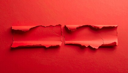Two Horizontal Strips of Torn Red Paper with Jagged Edges on a Red Surface image photo