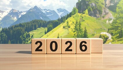 Wooden blocks showing the year 2026 in front of a majestic mountain landscape with green hills and trees