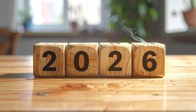 Wooden blocks displaying the year 2026 with subtle smoke rising from the last block on a wooden table