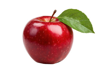Single shiny red apple with green leaf on black background fruit food, Png, Isolated on Transparent Background, Cut Out