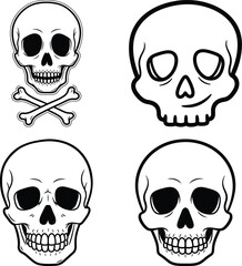 Obraz premium Illustrative set of four distinct skulls including one with crossbones, drawn with varying artistic styles